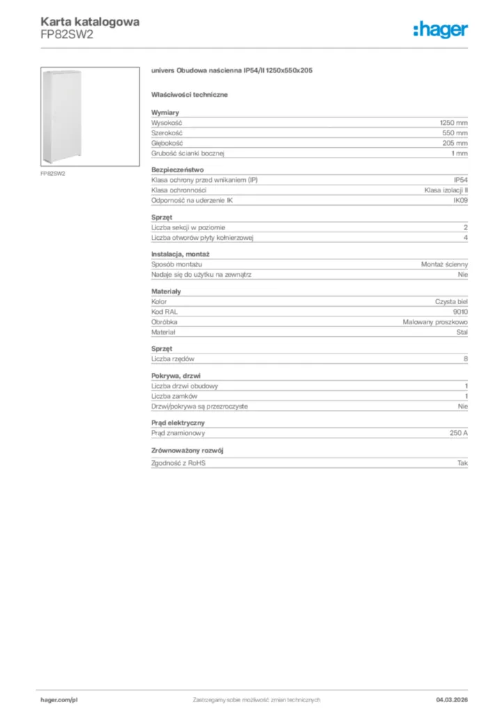 Zdjęcie Hager Karta katalogowa FP82SW2 | Hager Polska