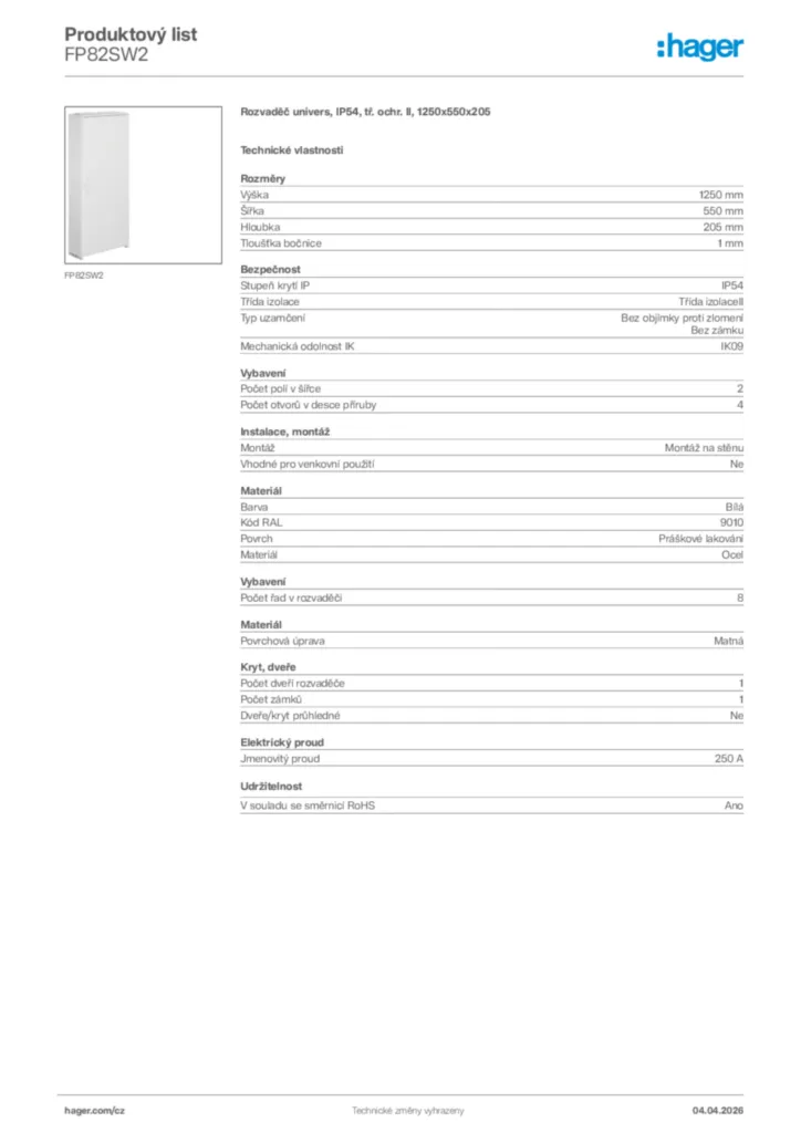 Obrázek Hager Product data sheet FP82SW2 | Hager