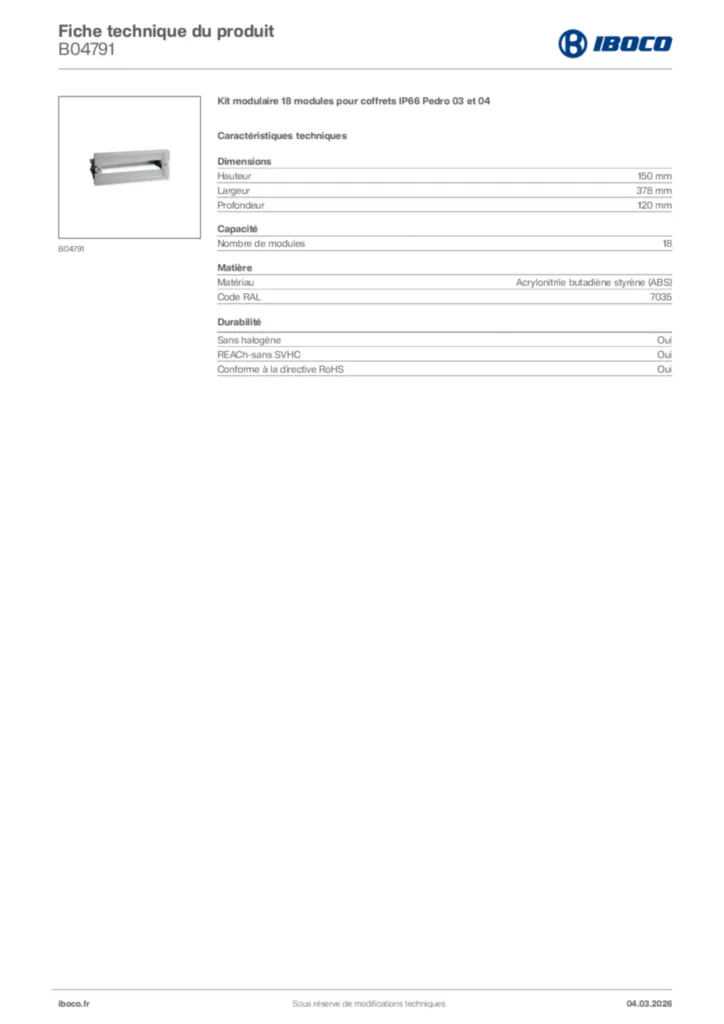 Image Iboco Fiche technique du produit B04791 | Hager France