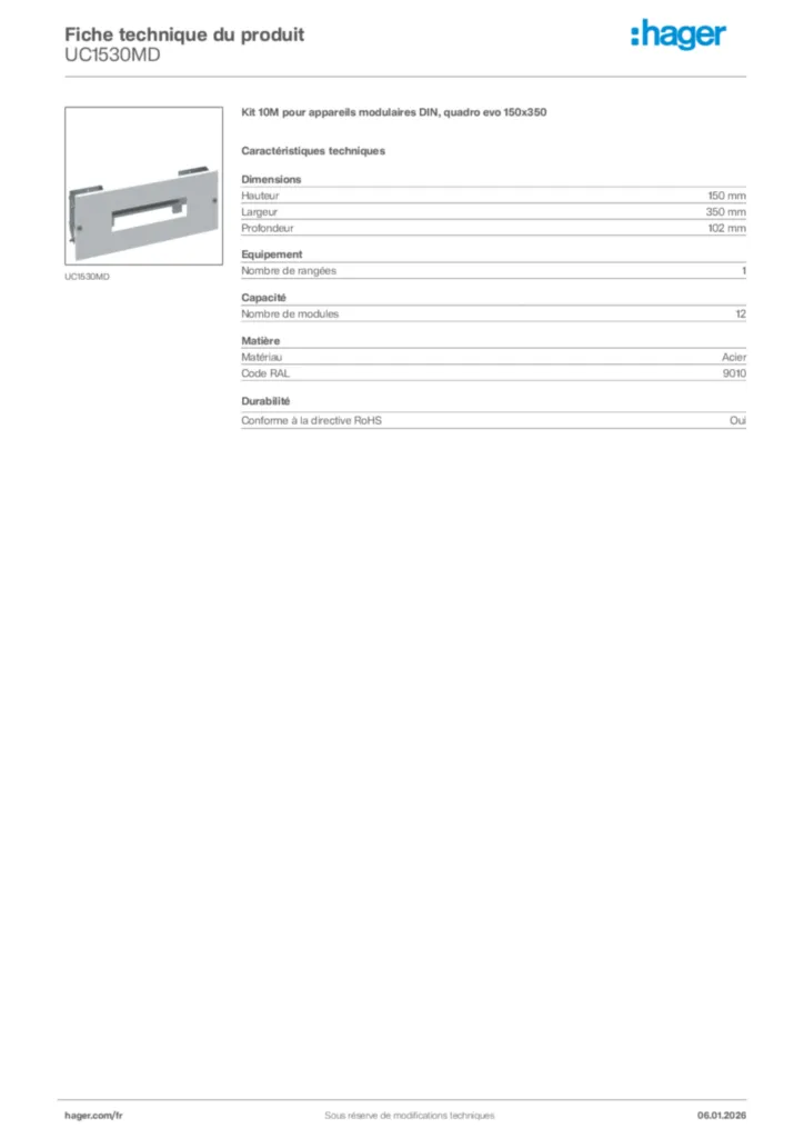 Image Hager Fiche technique du produit UC1530MD | Hager France