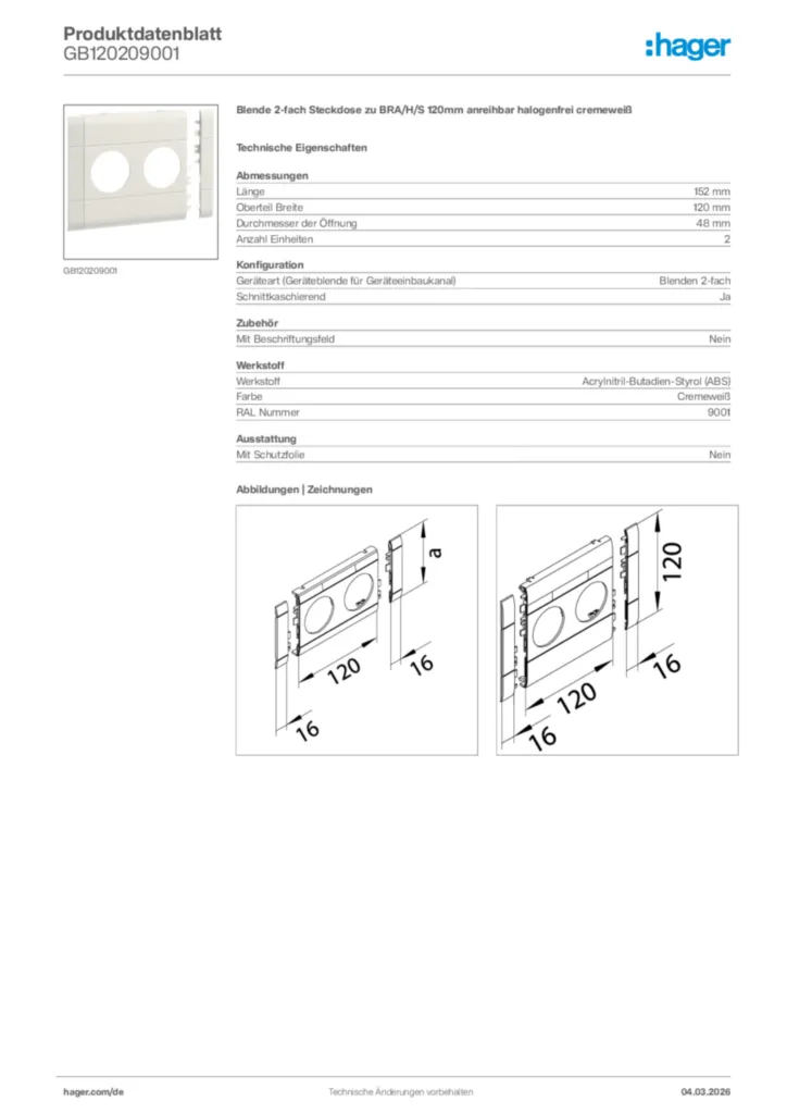 Bild Hager Produktdatenblatt GB120209001 | Hager Deutschland