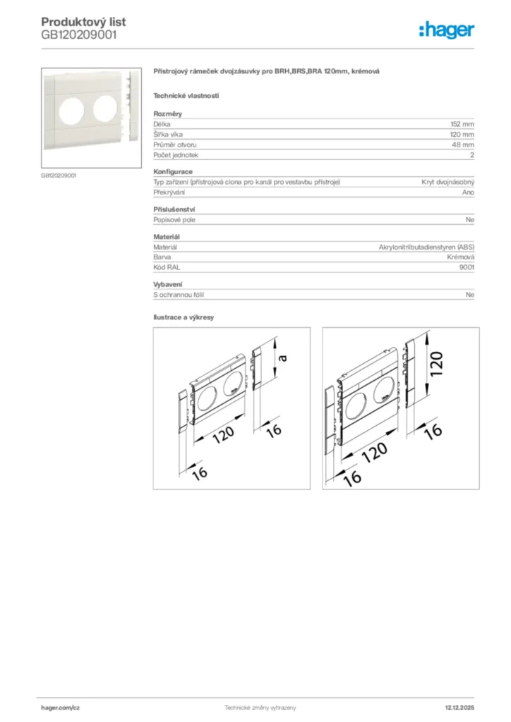 Obrázek Hager Produktový list GB120209001 | Hager