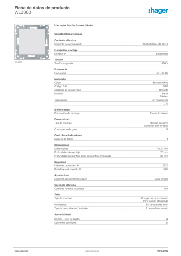 Imagen Hager Ficha de datos de producto WL0060 | Hager España