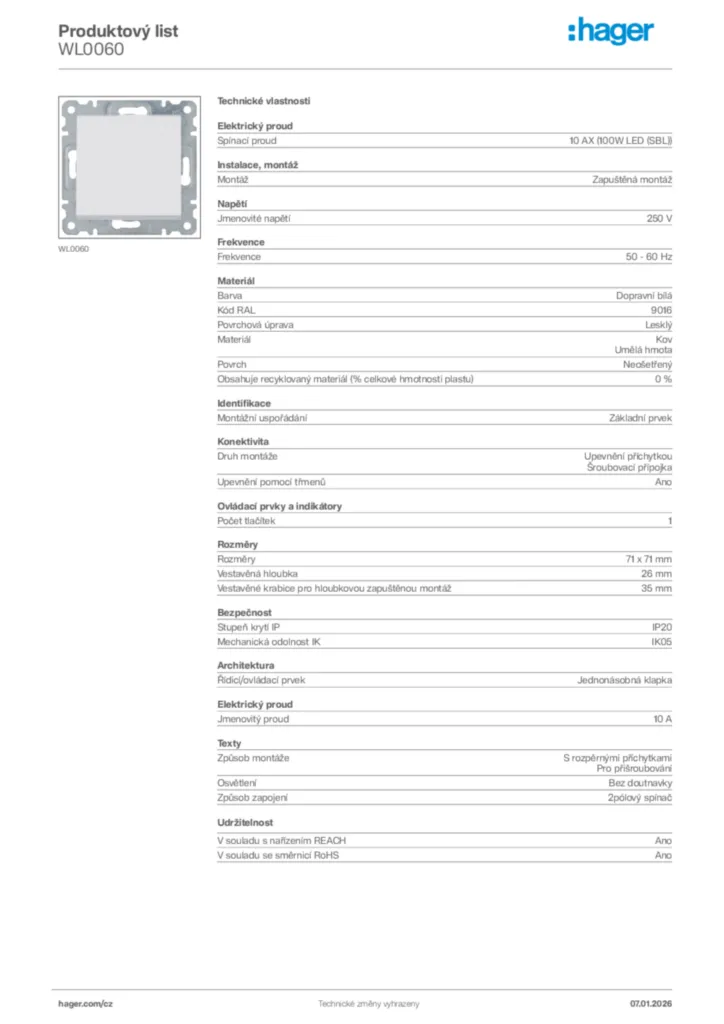 Obrázek Hager Product data sheet WL0060 | Hager