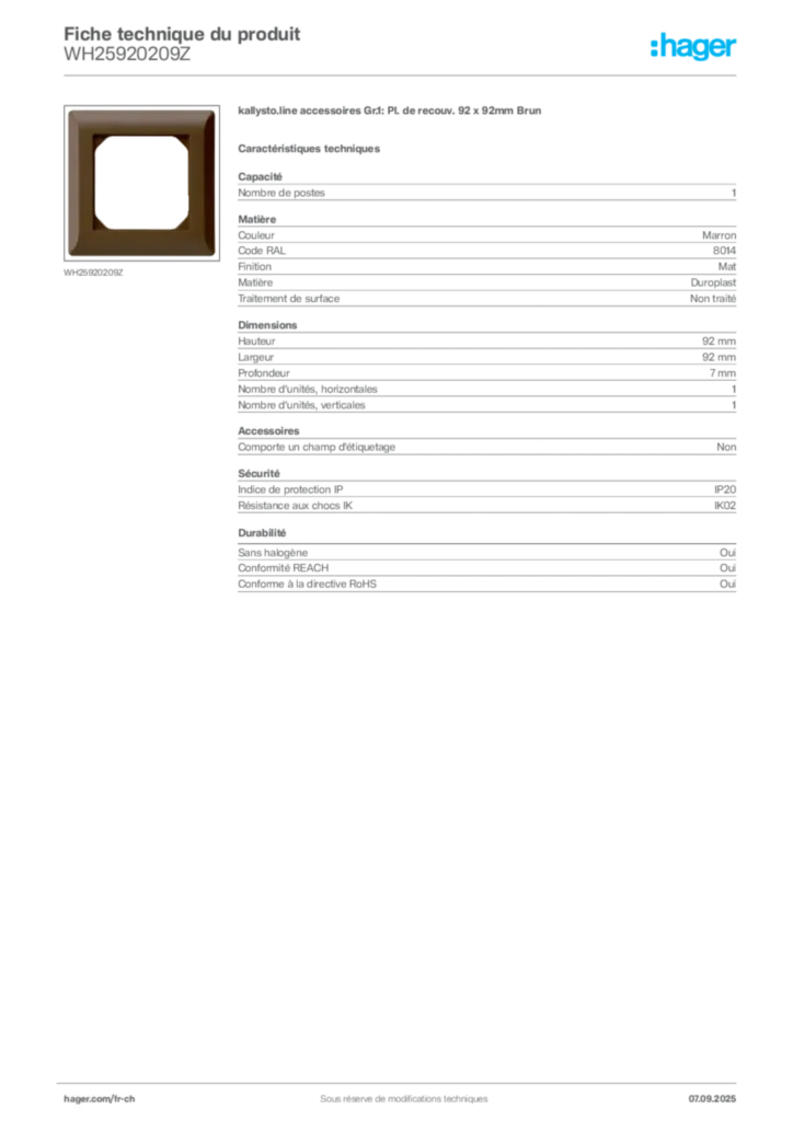 Image Hager Fiche technique du produit WH25920209Z | Hager Suisse