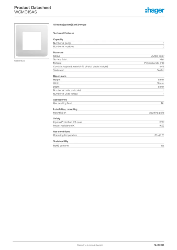 Image Hager Product data sheet WGMC1SAS  | Hager Africa
