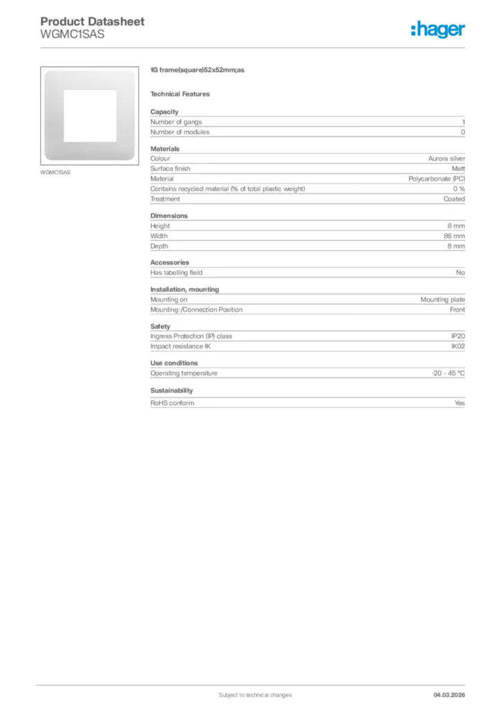 Image Hager Product data sheet WGMC1SAS  | Hager Africa