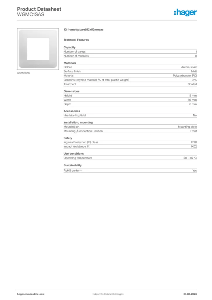 Image Hager Product data sheet WGMC1SAS  | Hager