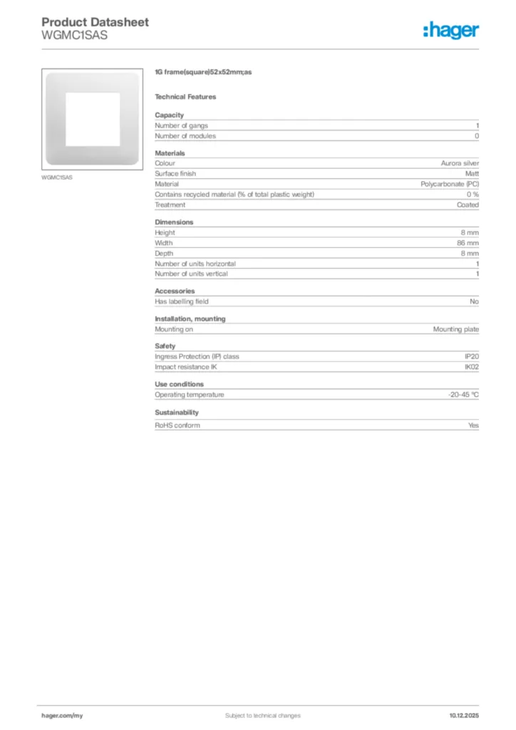 Image Hager Product data sheet WGMC1SAS  | Hager