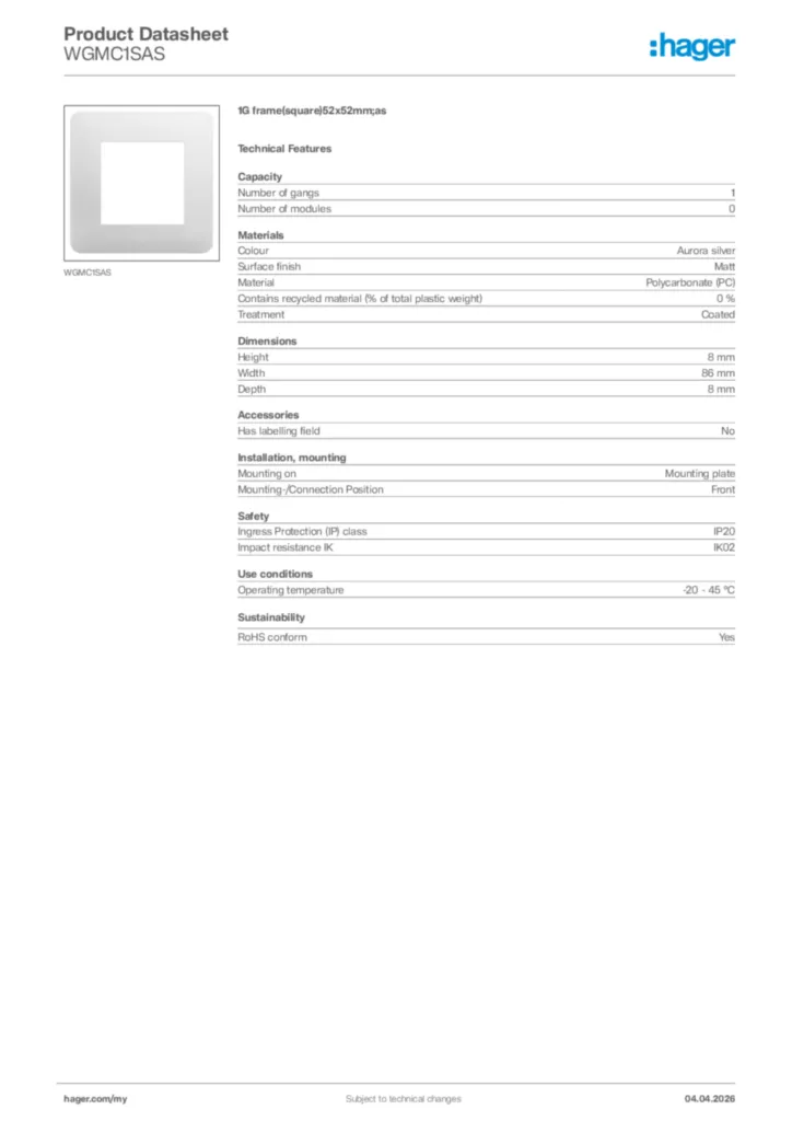 Image Hager Product data sheet WGMC1SAS  | Hager