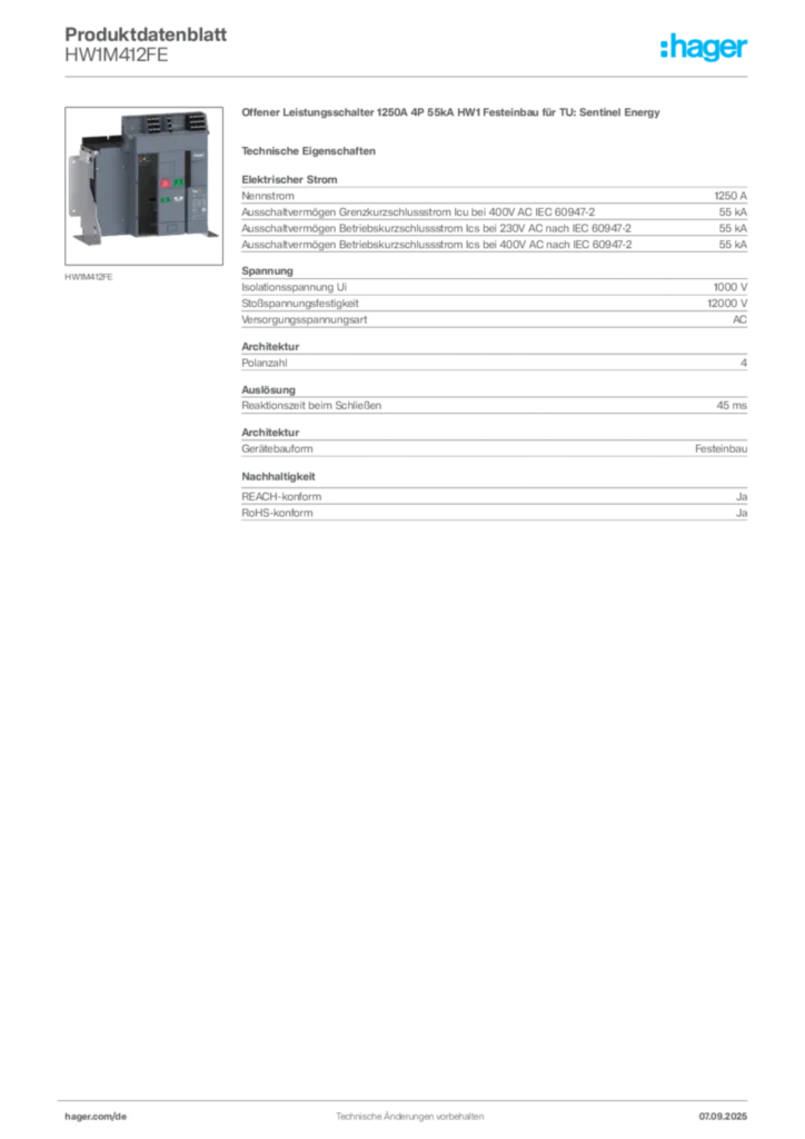 Bild Hager Produktdatenblatt HW1M412FE | Hager Deutschland