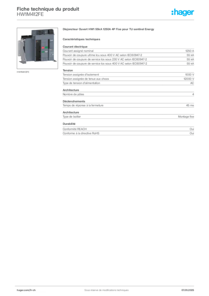 Image Hager Fiche technique du produit HW1M412FE | Hager Suisse