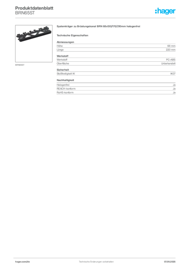 Bild Hager Produktdatenblatt BRN65ST | Hager Deutschland