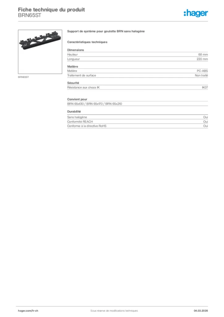 Image Hager Fiche technique du produit BRN65ST | Hager Suisse