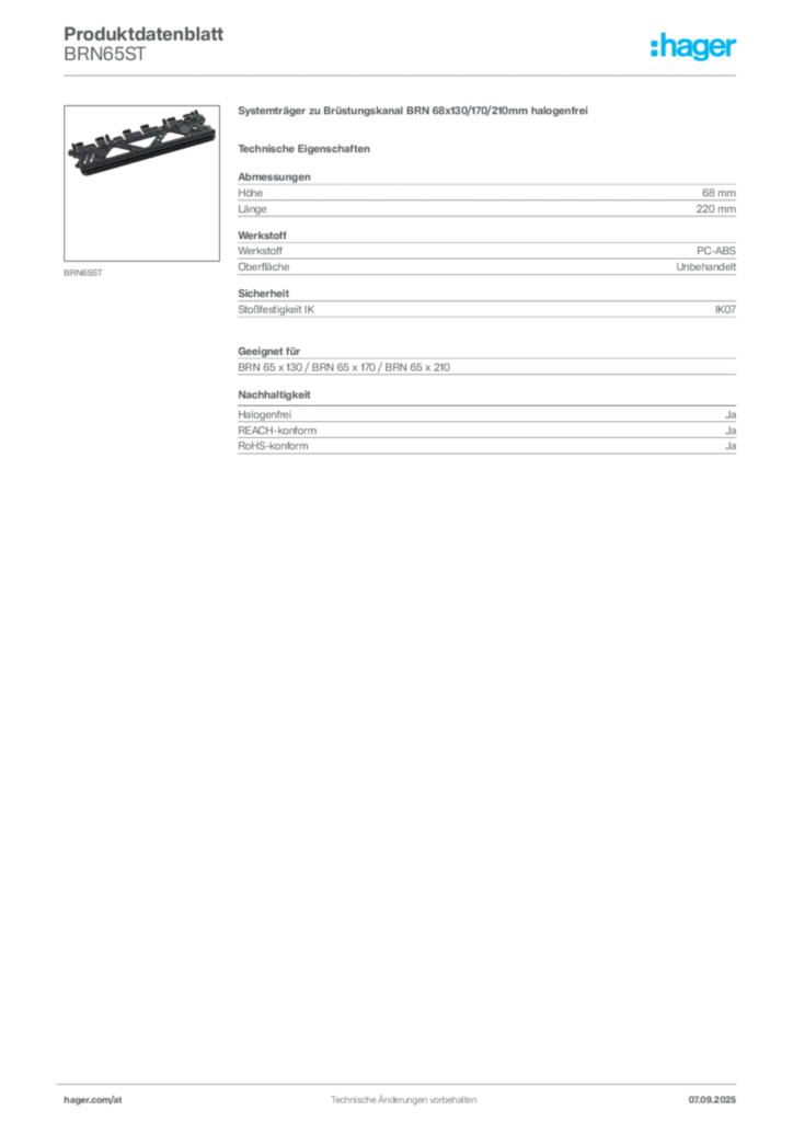 Bild Hager Produktdatenblatt BRN65ST | Hager Deutschland