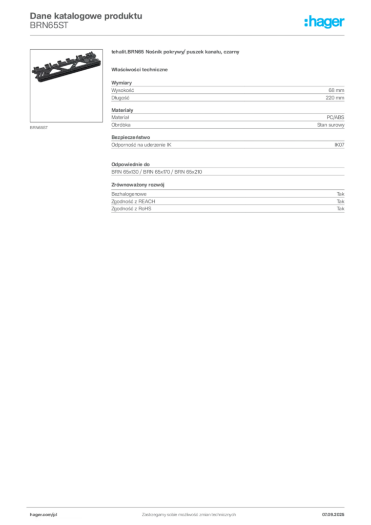 Zdjęcie Hager Dane katalogowe produktu BRN65ST | Hager Polska