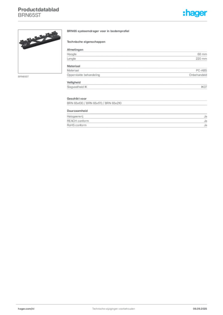 Afbeelding Hager Productdatablad BRN65ST | Hager Nederland