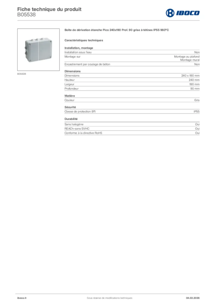 Image Iboco Fiche technique du produit B05538 | Hager France