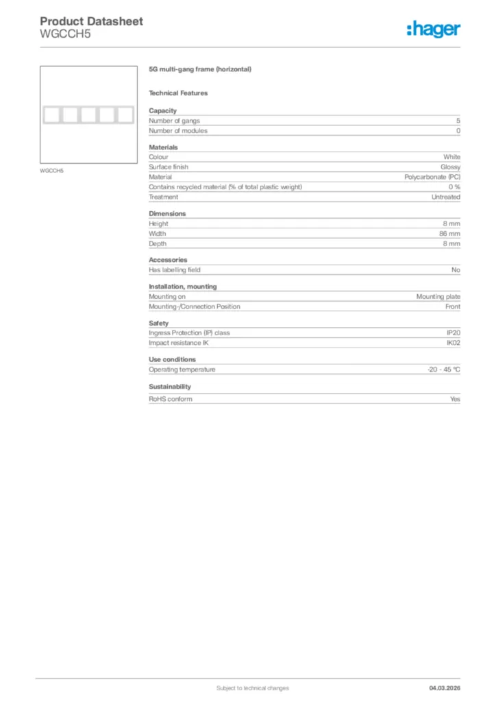 Image Hager Product data sheet WGCCH5  | Hager Africa