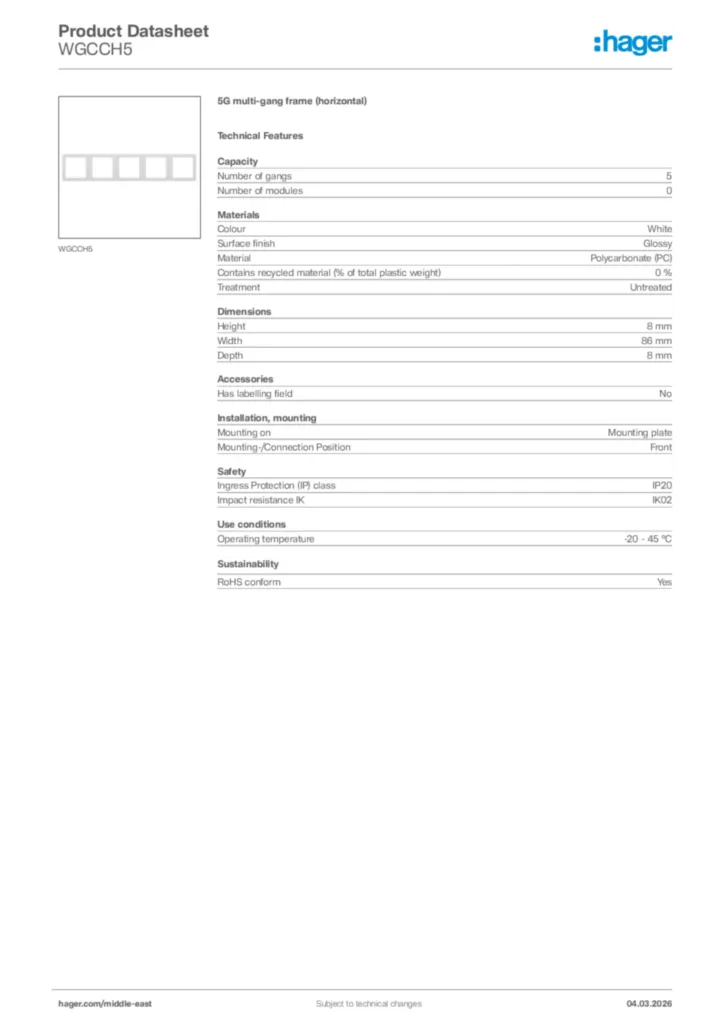 Image Hager Product data sheet WGCCH5  | Hager