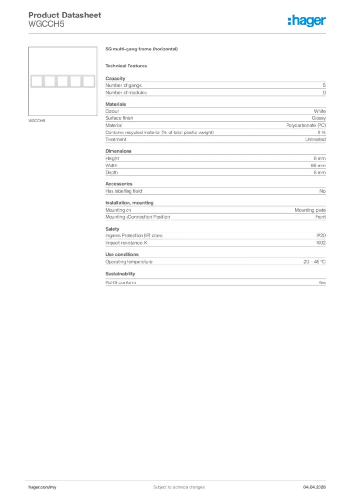 Image Hager Product data sheet WGCCH5  | Hager