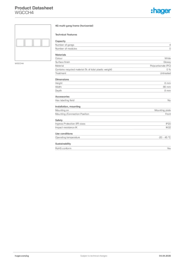 Image Hager Product data sheet WGCCH4  | Hager
