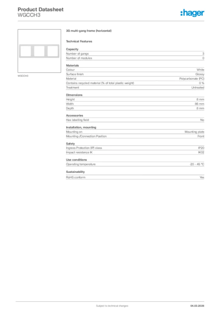 Image Hager Product data sheet WGCCH3  | Hager Africa
