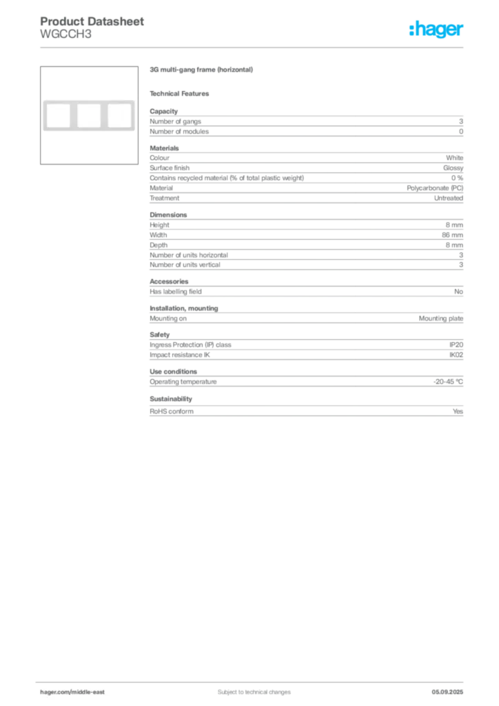Image Hager Product data sheet WGCCH3  | Hager