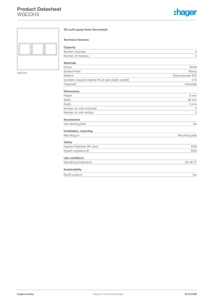 Image Hager Product data sheet WGCCH3  | Hager