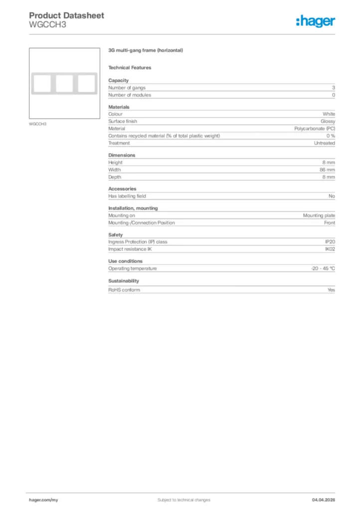 Image Hager Product data sheet WGCCH3  | Hager