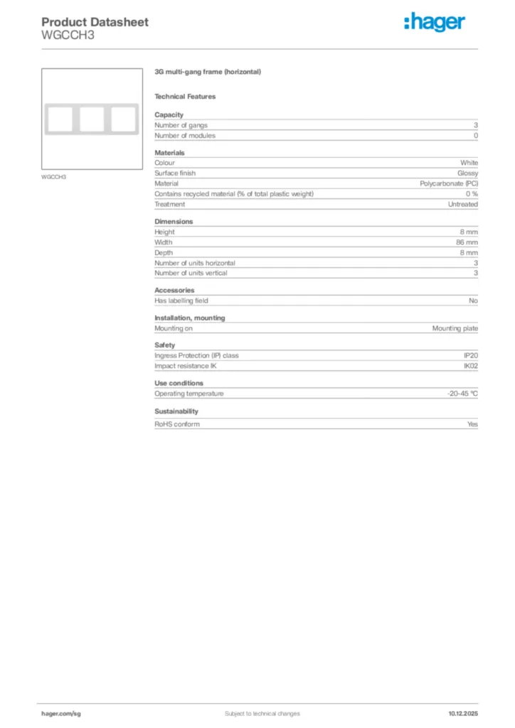 Image Hager Product data sheet WGCCH3  | Hager