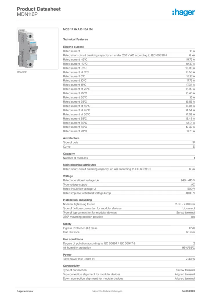 Image Hager Product data sheet MDN116P  | Hager Australia