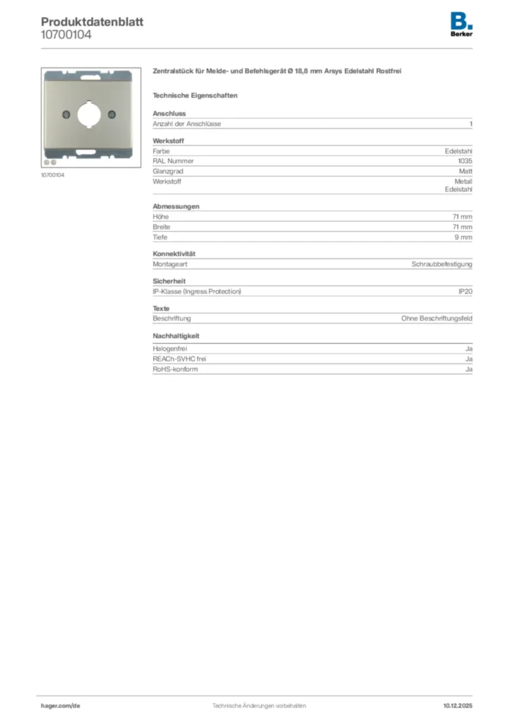 Bild Berker Produktdatenblatt 10700104 | Hager Deutschland