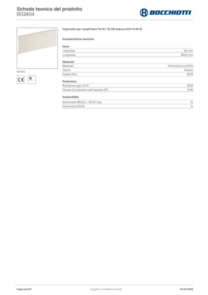 Immagine Bocchiotti Scheda tecnica del prodotto B02404 | Hager Italia