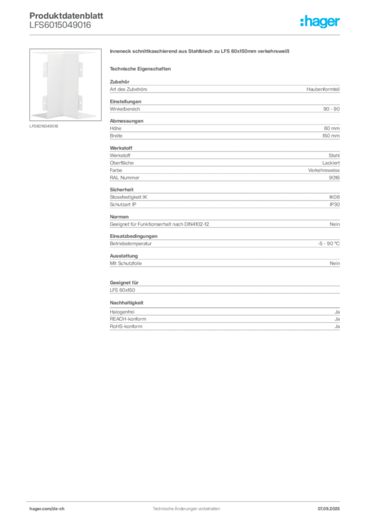 Bild Hager Produktdatenblatt LFS6015049016 | Hager Schweiz