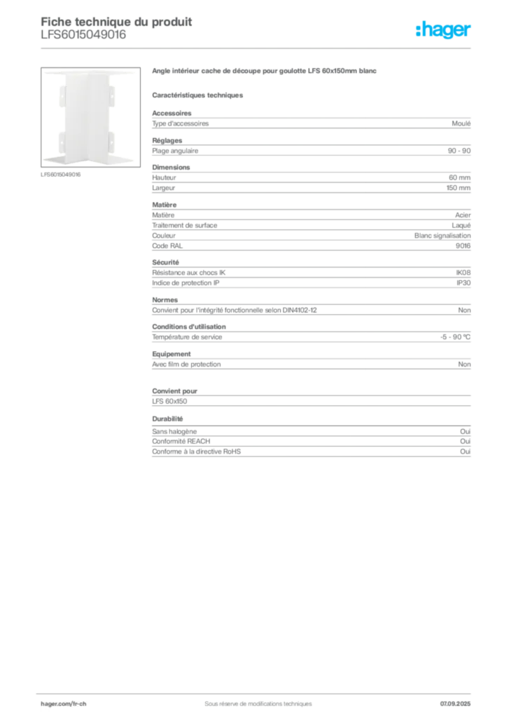 Image Hager Fiche technique du produit LFS6015049016 | Hager Suisse