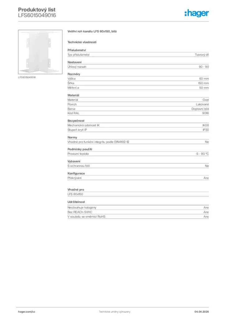 Obrázek Hager Product data sheet LFS6015049016 | Hager