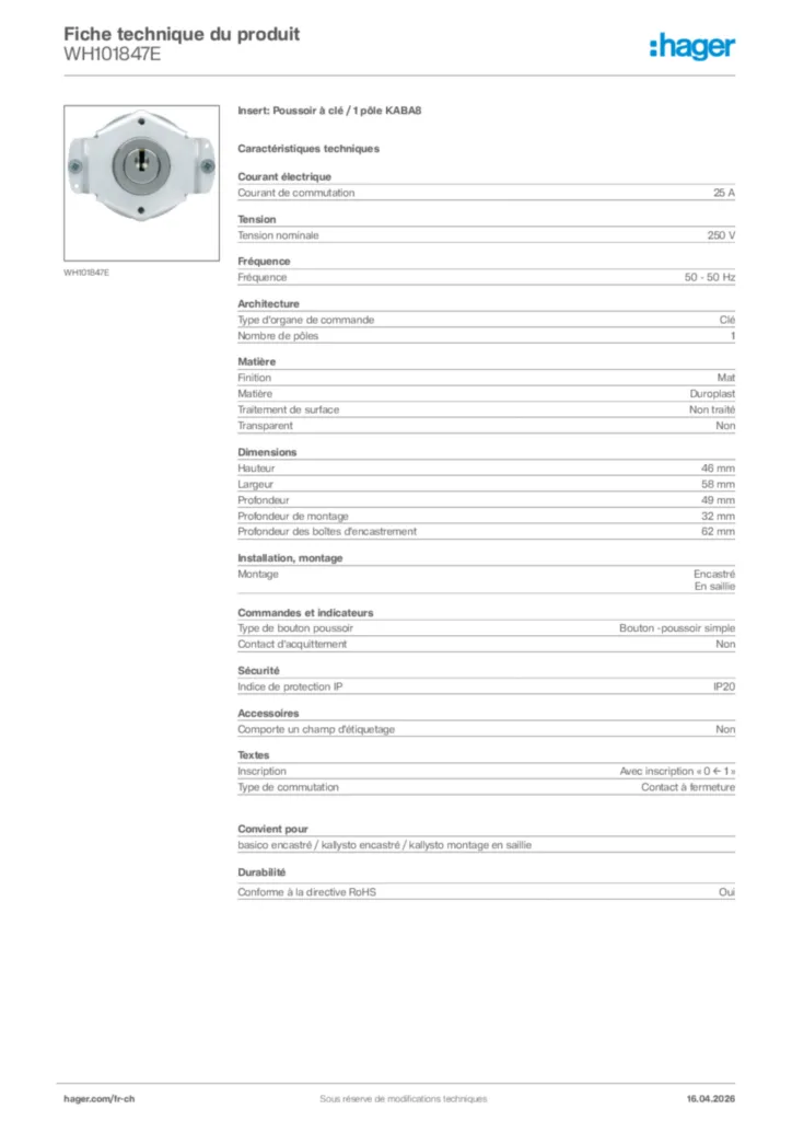 Image Hager Fiche technique du produit WH101847E | Hager Suisse