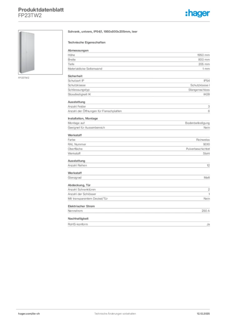 Bild Hager Produktdatenblatt FP23TW2 | Hager Schweiz