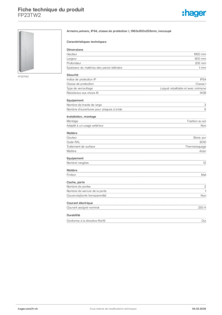 Image Hager Fiche technique du produit FP23TW2 | Hager Suisse