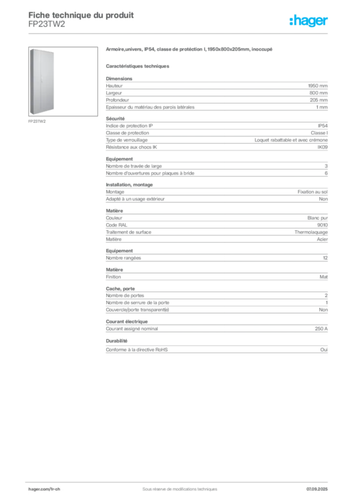 Image Hager Fiche technique du produit FP23TW2 | Hager Suisse
