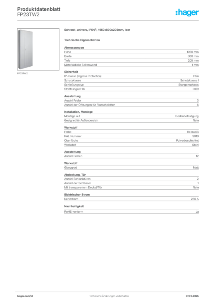 Bild Hager Produktdatenblatt FP23TW2 | Hager Deutschland