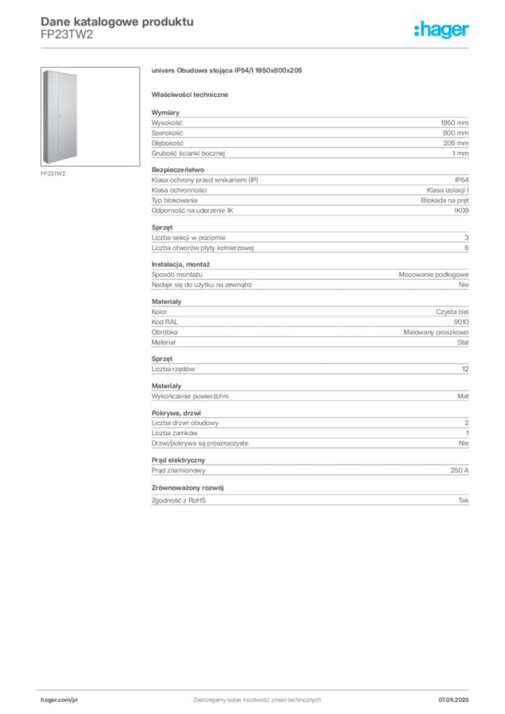 Zdjęcie Hager Dane katalogowe produktu FP23TW2 | Hager Polska