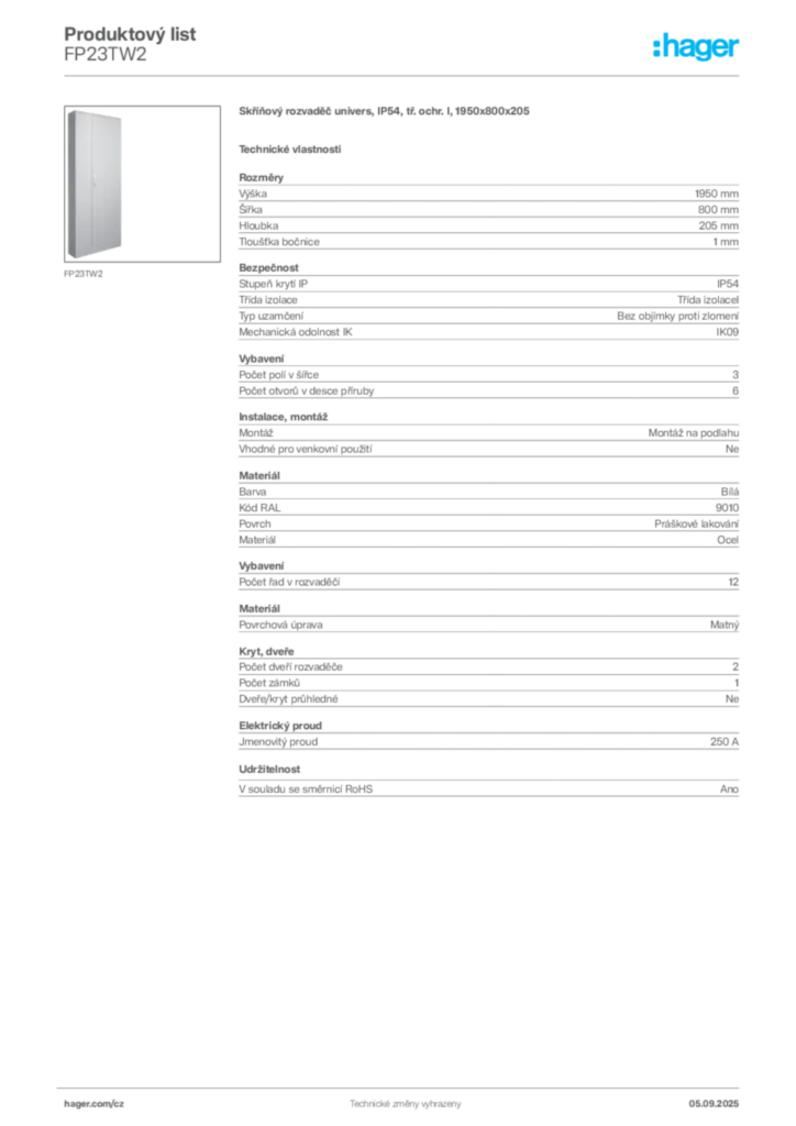Obrázek Hager Produktový list FP23TW2 | Hager