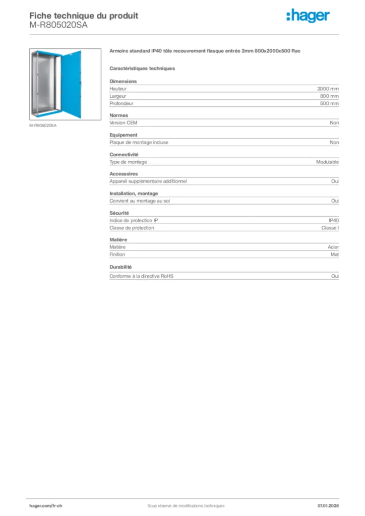 Image Hager Fiche technique du produit M-R805020SA | Hager Suisse