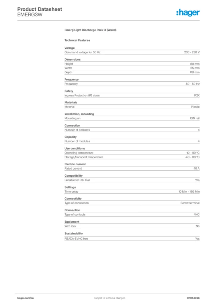 Image Hager Product data sheet EMERG3W  | Hager Australia