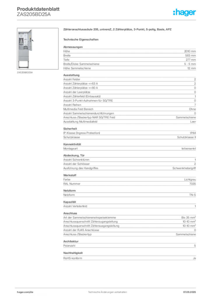 Bild Hager Produktdatenblatt ZAS205BD25A | Hager Deutschland