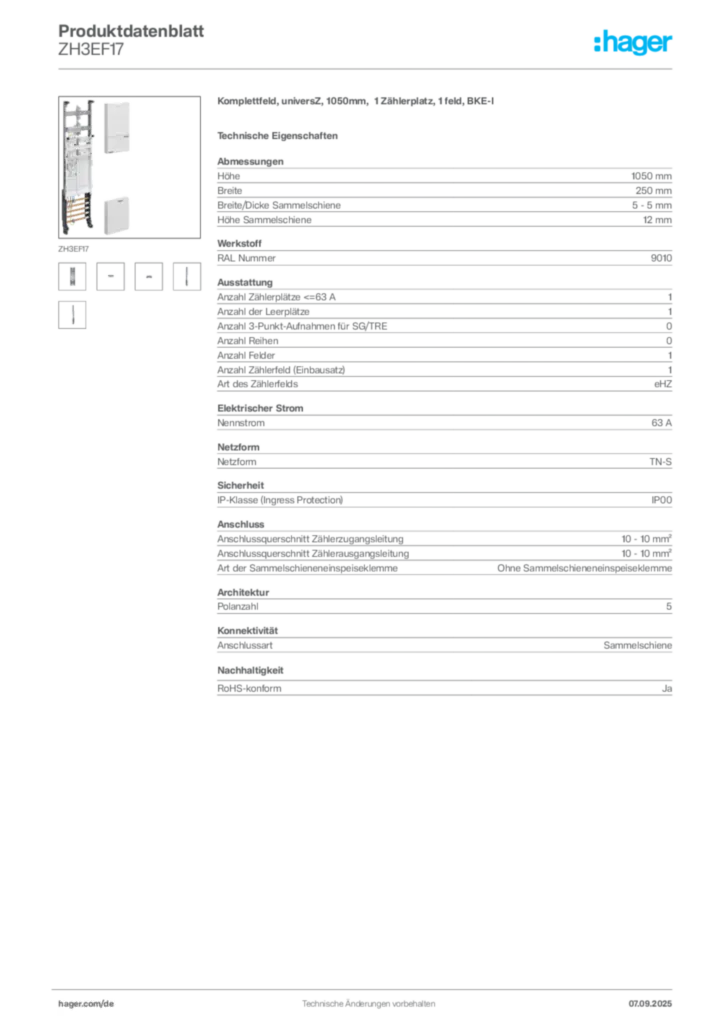 Bild Hager Produktdatenblatt ZH3EF17 | Hager Deutschland
