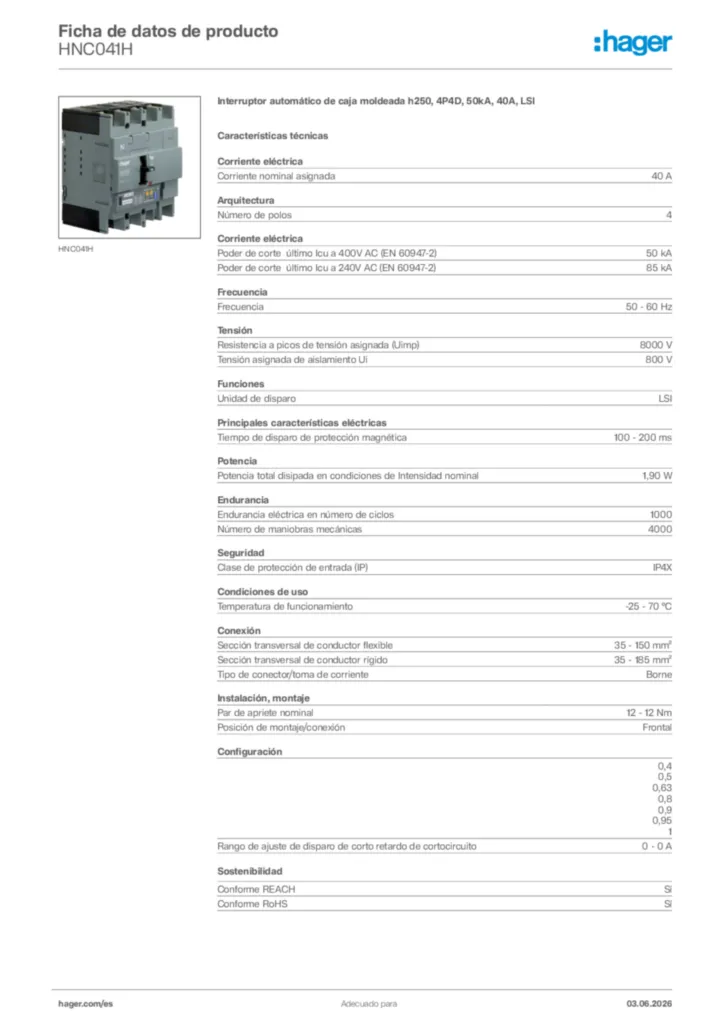 Imagen Hager Ficha de datos de producto HNC041H | Hager España