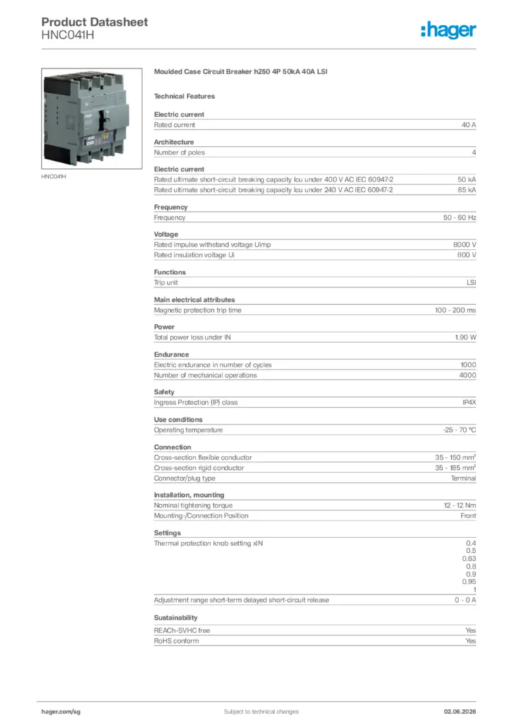 Image Hager Product data sheet HNC041H  | Hager